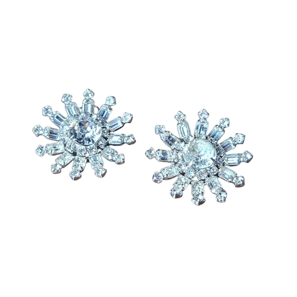 Elegant Silver Crystal Starburst Clip On Earrings. - Picture 1 of 6